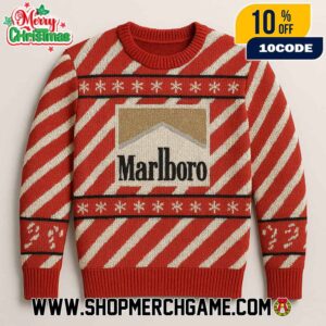 Candy Cane Stripe Holiday Knitted Pullover Marlboro Logo Red White Snowflake Pattern Festive Ugly Christmas Sweater