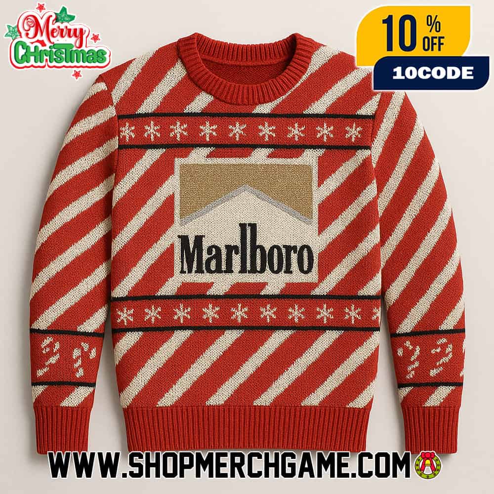 Candy Cane Stripe Holiday Knitted Pullover Marlboro Logo Red White Snowflake Pattern Festive Ugly Christmas Sweater Candy Cane Stripe Holiday Knitted Pullover Marlboro Logo Red White Snowflake Pattern Festive Ugly Christmas Sweater