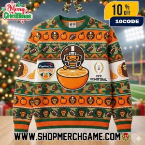 Capital One Orange Bowl CFP Semifinal 2025-26 Ugly Christmas Sweater Knitted Pullover With Orange Slice Bear Mascot And Football Design For College Football Playoff Fans Holiday Gift