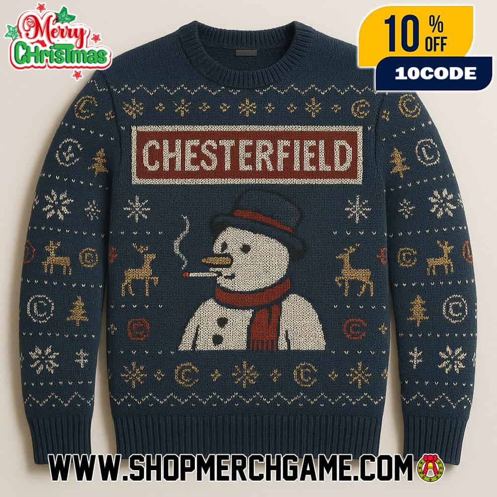 Chesterfield Cigarette Logo Ugly Christmas Sweater Navy Blue Knit With Smoking Snowman Reindeer Snowflake Fair Isle Pattern Holiday Jumper Chesterfield Cigarette Logo Ugly Christmas Sweater Navy Blue Knit With Smoking Snowman Reindeer Snowflake Fair Isle Pattern Holiday Jumper