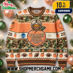 Chick-fil-A Peach Bowl CFP Semifinal 2025-26 Ugly Christmas Sweater Knitted Pullover Atlanta Mercedes Benz Stadium NCAA With Bear Mascot Peach And Bape Camouflage Design Holiday Gift