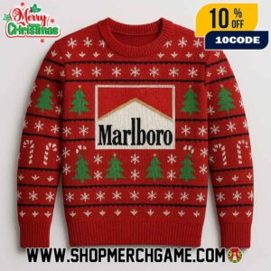 Christmas Tree Candy Cane Knit Pullover Marlboro Logo Red Fair Isle Snowflake Festive Holiday Ugly Sweater
