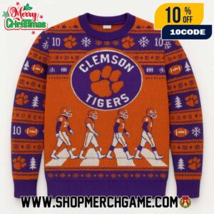Clemson Tigers NCAA Abbey Road Football Players Ugly Christmas Sweater With Paw Print Logo Knitted Holiday Pullover Featuring Snowflakes And Fair Isle Pattern