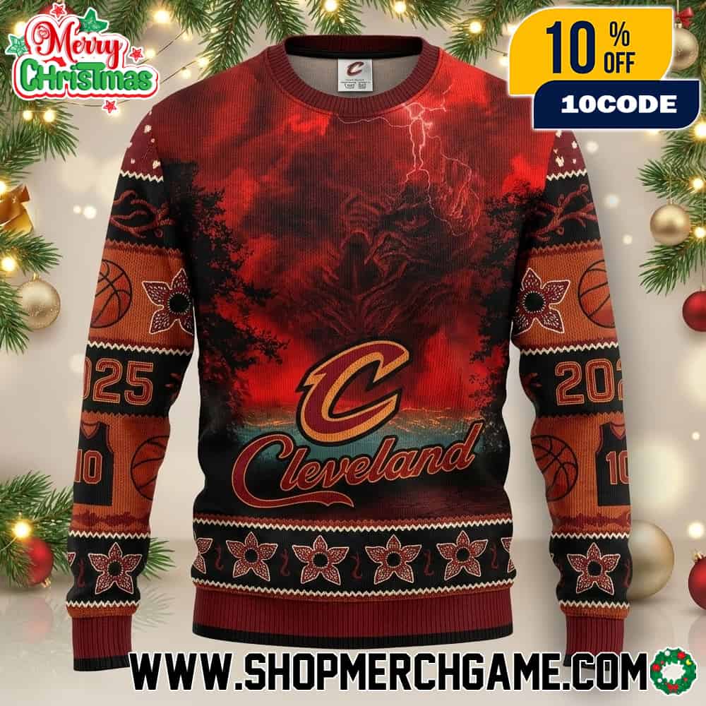 Cleveland Cavaliers x Stranger Things Season 5 Ugly Christmas Sweater Demogorgon NBA Basketball Holiday Jumper Knitted Fair Isle Winter Pullover Limited Edition Cleveland Cavaliers x Stranger Things Season 5 Ugly Christmas Sweater Demogorgon NBA Basketball Holiday Jumper Knitted Fair Isle Winter Pullover Limited Edition