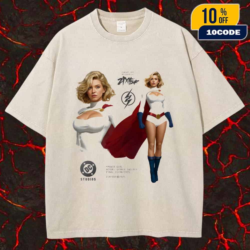 DCU Power Girl Concept Art By 21XFOUR Ft Sydney Sweeney As Power Girl 2025 Unisex Merch Washed T-Shirt DCU Power Girl Concept Art By 21XFOUR Ft Sydney Sweeney As Power Girl 2025 Unisex Merch Washed T-Shirt