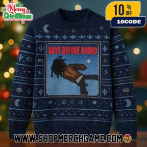 Days Before Rodeo Travis Scott Ugly Christmas Sweater Navy Blue Knitted Pullover With Album Cover Cowboy Bull Rider Western Pattern Holiday Jumper Unisex Gift