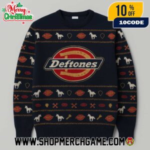 Deftones x Dickies New Collab Collection 2025 Ugly Christmas Sweater Black Knitted Crew Neck White Pony Horse Holiday Band Merch Gift For Music Fans