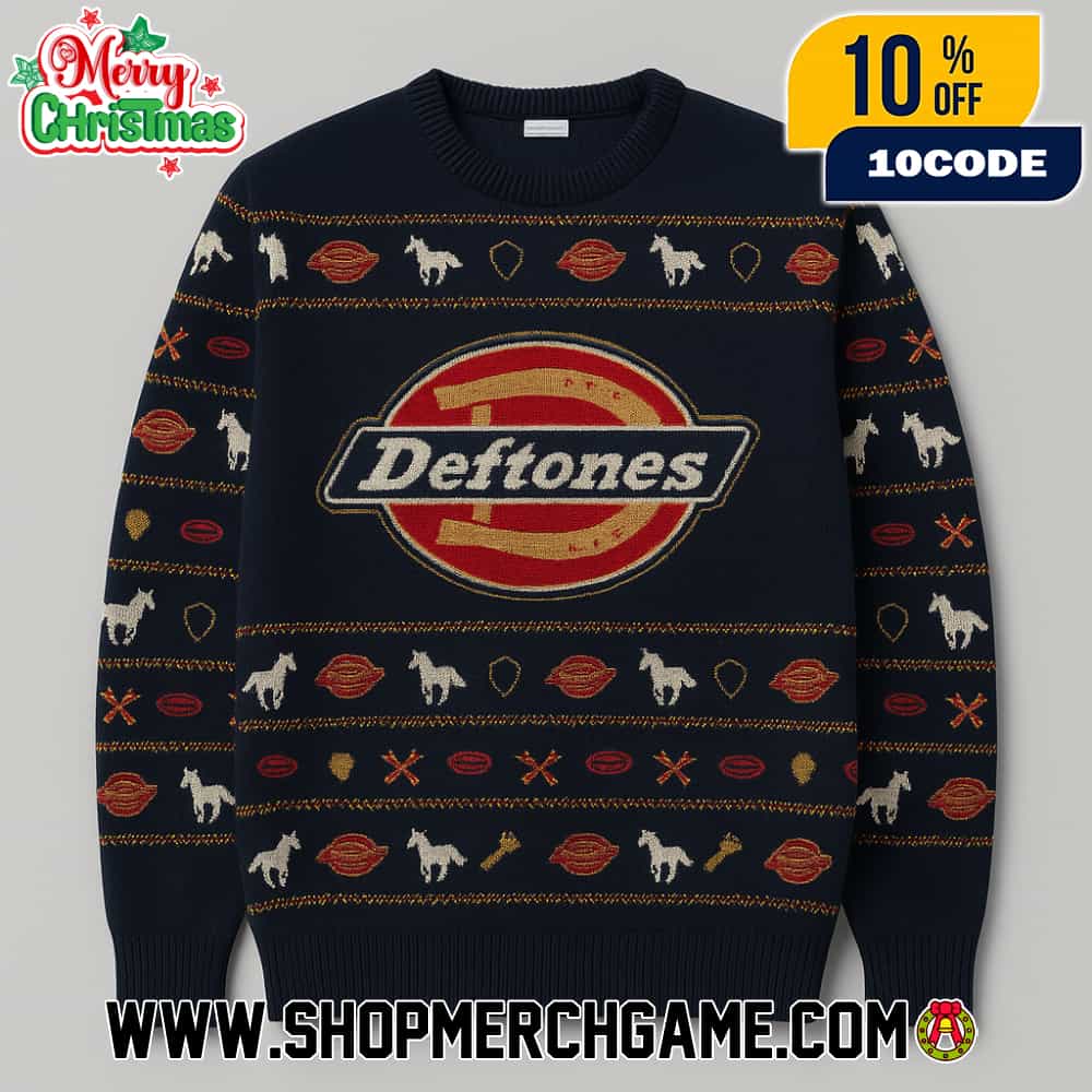 Deftones x Dickies New Collab Collection 2025 Ugly Christmas Sweater Black Knitted Crew Neck White Pony Horse Holiday Band Merch Gift For Music Fans Deftones x Dickies New Collab Collection 2025 Ugly Christmas Sweater Black Knitted Crew Neck White Pony Horse Holiday Band Merch Gift For Music Fans
