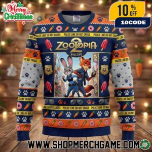 Disney Zootopia 2 Ugly Christmas Sweater Judy Hopps Nick Wilde Police Line Do Not Cross Pawpsicle Donut Carrot Paw Print Knitted Holiday Pullover Unisex