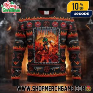 Doom x Rammstein Ugly Christmas Sweater Demon Slayer Fire Knit Pullover Hell Holiday Gift For Gaming Metal Fans