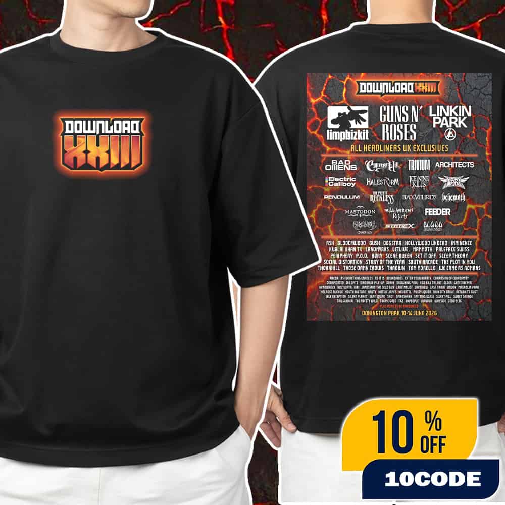 Download Festival XXIII With Main Headline Guns N’ Roses x Linkin Park x Limpbizkit And More At Donington Park 10-14 June 2026 Event Poster Lineup Reveal Unisex T-Shirt Merchandise Download Festival XXIII With Main Headline Guns N’ Roses x Linkin Park x Limpbizkit And More At Donington Park 10-14 June 2026 Event Poster Lineup Reveal Unisex T-Shirt Merchandise