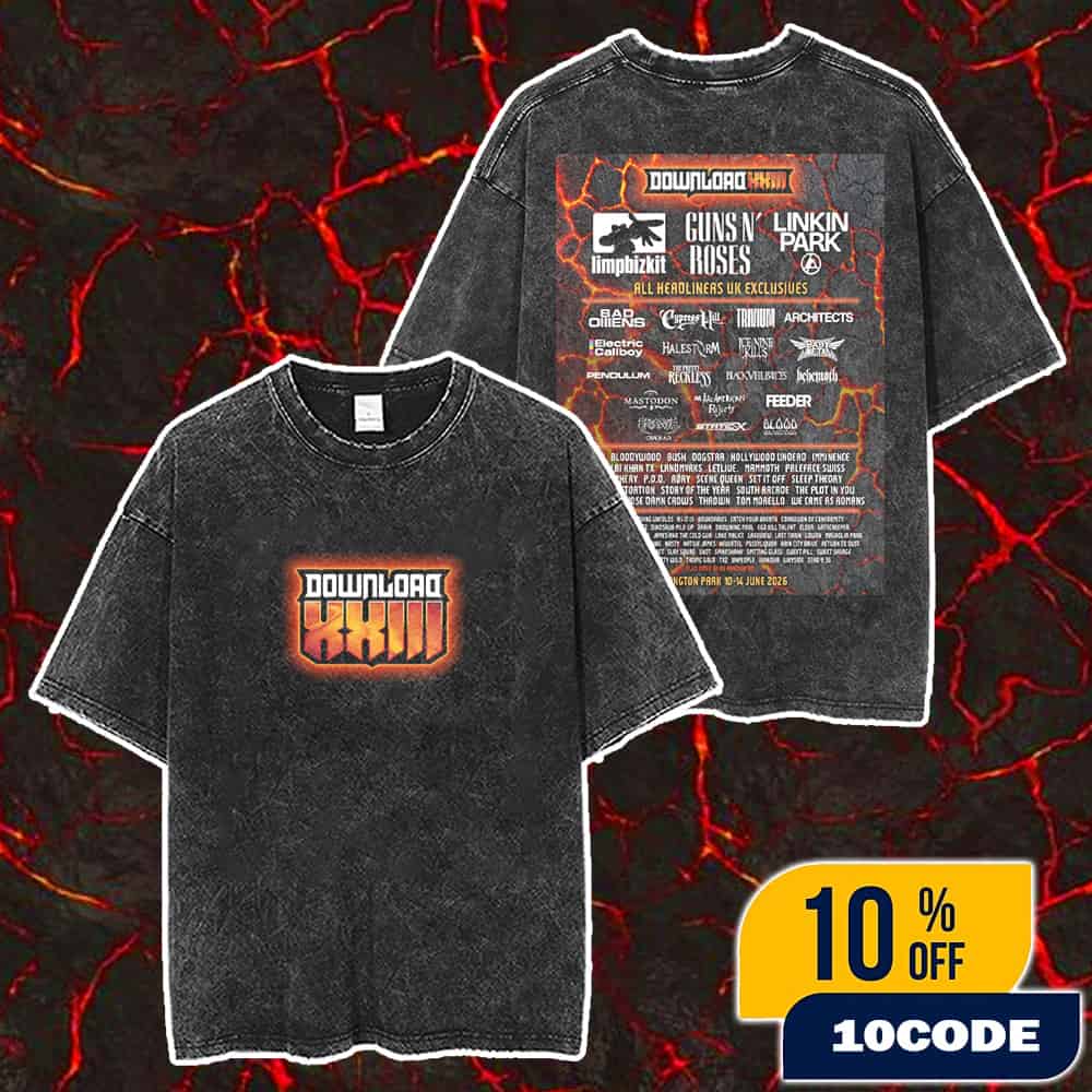 Download Festival XXIII With Main Headline Guns N’ Roses x Linkin Park x Limpbizkit And More At Donington Park 10-14 June 2026 Event Poster Lineup Reveal Washed T-Shirt Download Festival XXIII With Main Headline Guns N’ Roses x Linkin Park x Limpbizkit And More At Donington Park 10-14 June 2026 Event Poster Lineup Reveal Washed T-Shirt