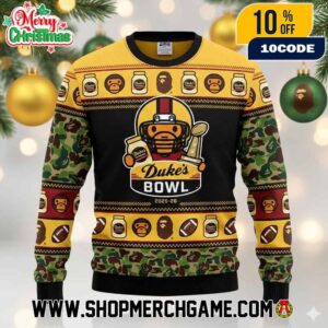Duke’s Mayo Bowl 2025-26 Ugly Christmas Sweater Knitted Pullover Charlotte Bank Of America Stadium NCAA College Football With Bear Mascot Trophy And Bape Camouflage Design Holiday Gift