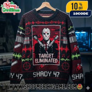 Eminem x Hitman Target Eliminated Ugly Christmas Sweater Black Red Knit Pullover With Hockey Mask Shady 47 Crosshairs Waveforms Fair Isle Pattern Gaming Hip-Hop Holiday Winter Jumper