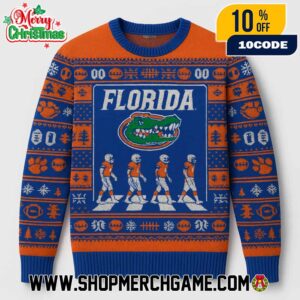 Florida Gators NCAA Abbey Road Football Players Crossing Ugly Christmas Sweater With Gator Head Logo Blue Orange Fair Isle Knitted Holiday Pullover