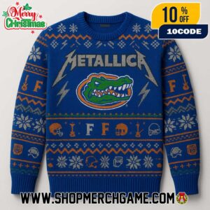 Florida Gators NCAA Ugly Sweater Metallica Metal Band Royal Blue Orange Knit Holiday Pullover Christmas Graphic Apparel Unise