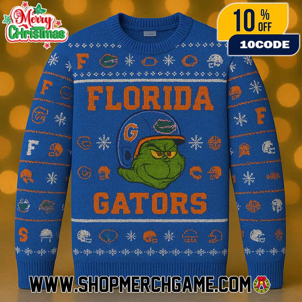 Florida Gators x Grinch NCAA Football Ugly Christmas Sweater Royal Blue Orange Knit Pullover With Helmet F Logo Gator Head Snowflakes Fair Isle Pattern College Sports Holiday Winter Jumper Florida Gators x Grinch NCAA Football Ugly Christmas Sweater Royal Blue Orange Knit Pullover With Helmet F Logo Gator Head Snowflakes Fair Isle Pattern College Sports Holiday Winter Jumper