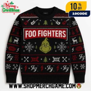 Foo Fighters The Grinch Ugly Christmas Sweater Knitted Holiday Pullover Featuring Rock Band Logo Fair Isle Pattern With Guitars Drumsticks Snowflakes