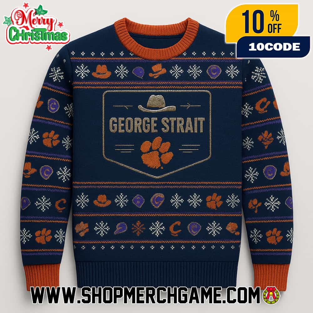 George Strait x Clemson Tigers NCAA Ugly Christmas Sweater Knit Cowboy Hat Paw Print Snowflake Navy Blue Orange Knitted Pullover Holiday Gift Unisex George Strait x Clemson Tigers NCAA Ugly Christmas Sweater Knit Cowboy Hat Paw Print Snowflake Navy Blue Orange Knitted Pullover Holiday Gift Unisex