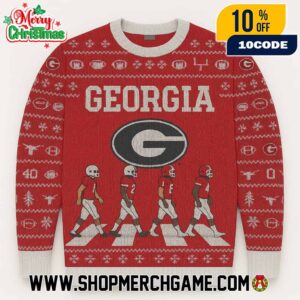 Georgia Bulldogs NCAA Abbey Road Football Players Crossing Ugly Christmas Sweater With Oval G Logo Red Black Fair Isle Knitted Holiday Pullover