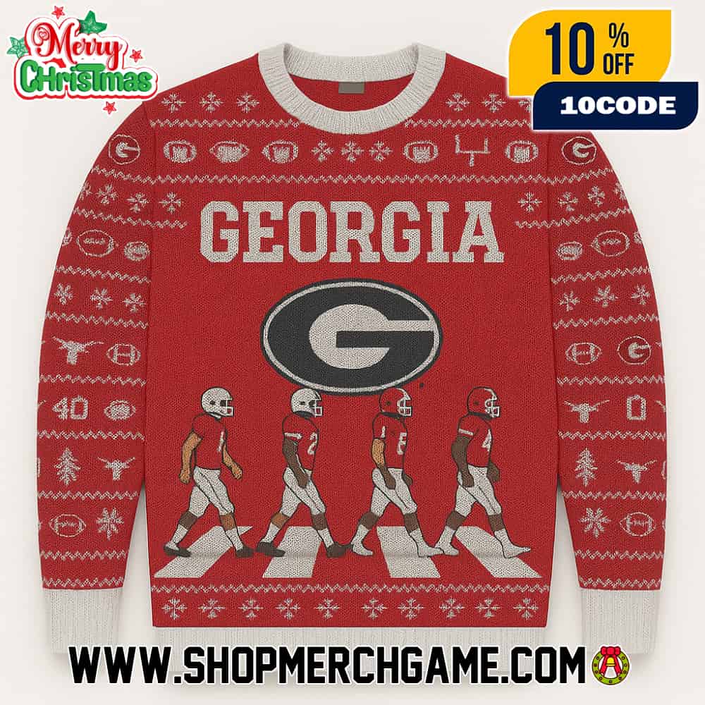 Georgia Bulldogs NCAA Abbey Road Football Players Crossing Ugly Christmas Sweater With Oval G Logo Red Black Fair Isle Knitted Holiday Pullover Georgia Bulldogs NCAA Abbey Road Football Players Crossing Ugly Christmas Sweater With Oval G Logo Red Black Fair Isle Knitted Holiday Pullover