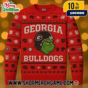 Georgia Bulldogs x Grinch NCAA Football Ugly Christmas Sweater Red Knit Pullover With Helmet G Logo Snowflakes Fair Isle Pattern College Sports Holiday Winter Jumper