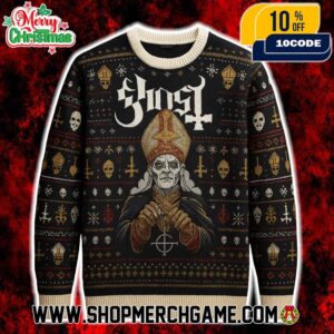 Ghost Band Ugly Christmas Sweater Black Knitted Pullover Papa Nihil Swedish Metal Holiday Jumper With Skulls Crosses Winter Festive Apparel