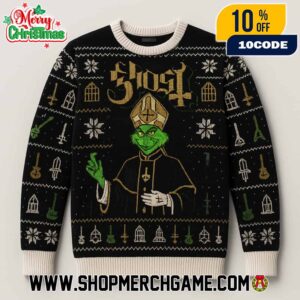 Ghost x Grinch Unisex Crewneck Ugly Christmas Sweater Jacquard Knit Black Ivory Gold Fair Isle Official Logo Papa Emeritus
