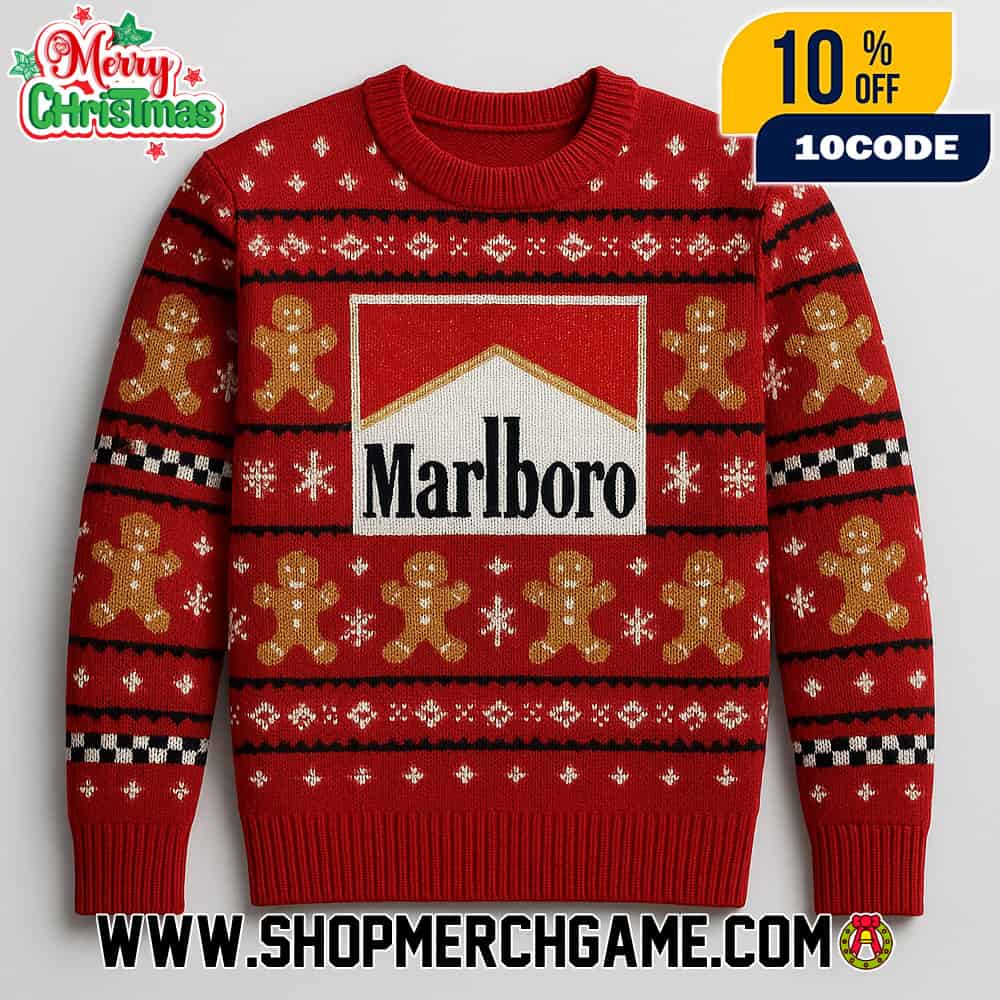 Gingerbread Man Holiday Knit Sweater Marlboro Logo Red Fair Isle Pattern Festive Ugly Christmas Pullover Gingerbread Man Holiday Knit Sweater Marlboro Logo Red Fair Isle Pattern Festive Ugly Christmas Pullover