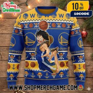 Golden State Warriors x One Piece Luffy Ugly Christmas Sweater NBA Holiday Knit Pullover Blue Gold Yellow Golden Gate Bridge Straw Hat Pirate Anchor Basketball Anime Xmas Unisex