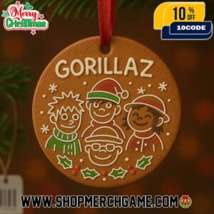 Gorillaz Gingerbread Cookie Style Christmas Ornament With Four Band Members Holly Berries Ceramic Round Tree Decoration Holiday Gift