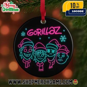 Gorillaz Neon Light Style Christmas Ornament With Four Band Members Santa Hats Snowflakes Pink Cyan Design Ceramic Tree Decoration