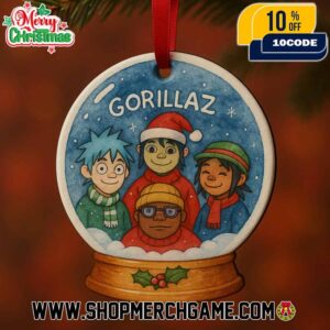 Gorillaz Snow Globe Christmas Ornament Featuring Band Members Holly Berries Design Ceramic Tree Decoration Holiday Collectible Gift