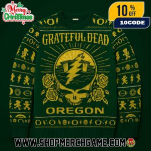 Grateful Dead x Oregon Ducks Ugly Sweater Gold Knit Graphic Skull Rose Lightning Holiday Collectible Unisex Pullover Christmas Festival Merchandise
