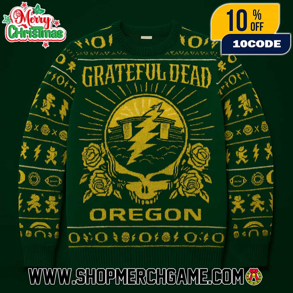 Grateful Dead x Oregon Ducks Ugly Sweater Gold Knit Graphic Skull Rose Lightning Holiday Collectible Unisex Pullover Christmas Festival Merchandise Grateful Dead x Oregon Ducks Ugly Sweater Gold Knit Graphic Skull Rose Lightning Holiday Collectible Unisex Pullover Christmas Festival Merchandise