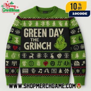 Green Day x The Grinch Ugly Christmas Sweater Knitted Holiday Graphic Band Merchandise Featuring Festive Fair Isle Pattern With Snowflakes Reindeer Christmas Trees