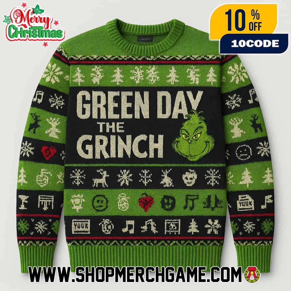 Green Day x The Grinch Ugly Christmas Sweater Knitted Holiday Graphic Band Merchandise Featuring Festive Fair Isle Pattern With Snowflakes Reindeer Christmas Trees Green Day x The Grinch Ugly Christmas Sweater Knitted Holiday Graphic Band Merchandise Featuring Festive Fair Isle Pattern With Snowflakes Reindeer Christmas Trees