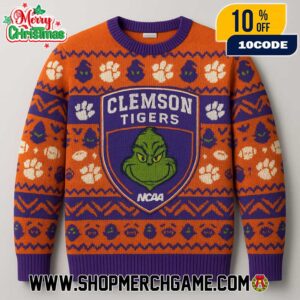 Grinch Clemson Tigers NCAA Ugly Christmas Sweater Orange Purple Knit Pullover Shield Paw Print Snowflake Holiday Crewneck Unisex