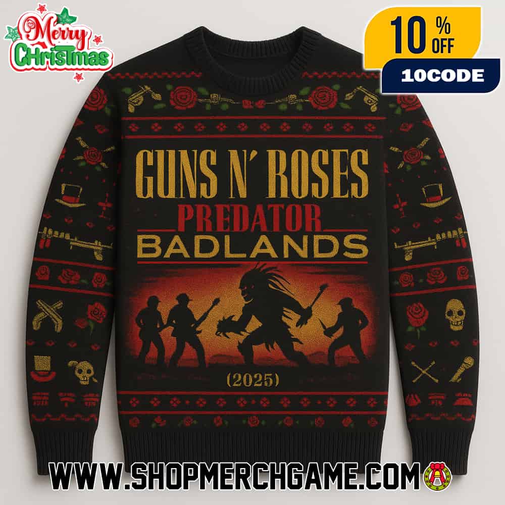 Guns N’ Roses x Predator Badlands 2025 Ugly Christmas Sweater Rock Band Knitted Holiday Pullover With Roses Skulls Crossbones Fair Isle Pattern Winter Party Unisex Guns N’ Roses x Predator Badlands 2025 Ugly Christmas Sweater Rock Band Knitted Holiday Pullover With Roses Skulls Crossbones Fair Isle Pattern Winter Party Unisex
