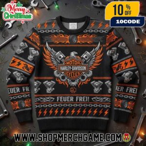 Harley Davidson x Rammstein Feuer Frei Ugly Christmas Sweater Motor Cycles Eagle Wings Holiday Knit Pullover Gift For Biker And Heavy Metal Fans