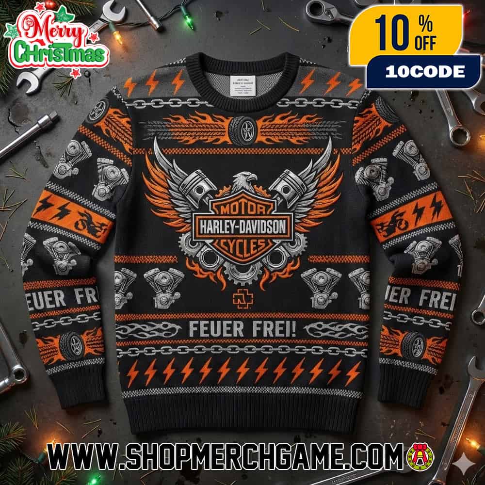 Harley Davidson x Rammstein Feuer Frei Ugly Christmas Sweater Motor Cycles Eagle Wings Holiday Knit Pullover Gift For Biker And Heavy Metal Fans Harley Davidson x Rammstein Feuer Frei Ugly Christmas Sweater Motor Cycles Eagle Wings Holiday Knit Pullover Gift For Biker And Heavy Metal Fans