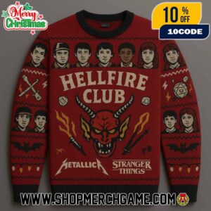 Hellfire Club Red Devil Demon Ugly Christmas Sweater Metallica x Stranger Things Holiday Knit Pullover With Cast Portrait Bat Lightning Design