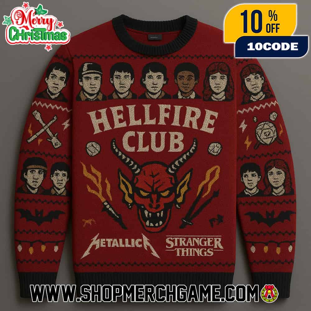 Hellfire Club Red Devil Demon Ugly Christmas Sweater Metallica x Stranger Things Holiday Knit Pullover With Cast Portrait Bat Lightning Design Hellfire Club Red Devil Demon Ugly Christmas Sweater Metallica x Stranger Things Holiday Knit Pullover With Cast Portrait Bat Lightning Design
