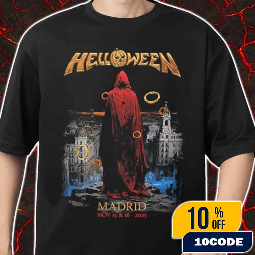 Helloween Band Pop-Up Merch Event Exclusive Limited Each City Edition 40 Years Anniversary Tour On November 15-16 2025 At Madrid Spain Merch Unisex T-Shirt Helloween Band Pop-Up Merch Event Exclusive Limited Each City Edition 40 Years Anniversary Tour On November 15-16 2025 At Madrid Spain Merch Unisex T-Shirt