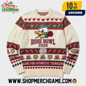 Human Made x Rose Bowl 2026 Ugly Christmas Sweater NCAA College Football Duck Mascot Rose Flower Heart Design Knitted Pullover Holiday Gift