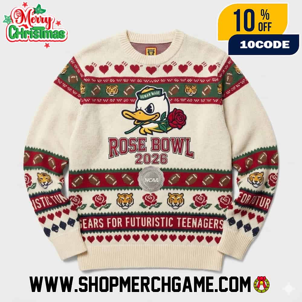 Human Made x Rose Bowl 2026 Ugly Christmas Sweater NCAA College Football Duck Mascot Rose Flower Heart Design Knitted Pullover Holiday Gift Human Made x Rose Bowl 2026 Ugly Christmas Sweater NCAA College Football Duck Mascot Rose Flower Heart Design Knitted Pullover Holiday Gift