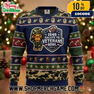 IS4S Salute To Veterans Bowl 2025-26 Ugly Christmas Sweater Knitted Pullover With Camouflage Military Bear And Football Design For College Football Fans Holiday Gift