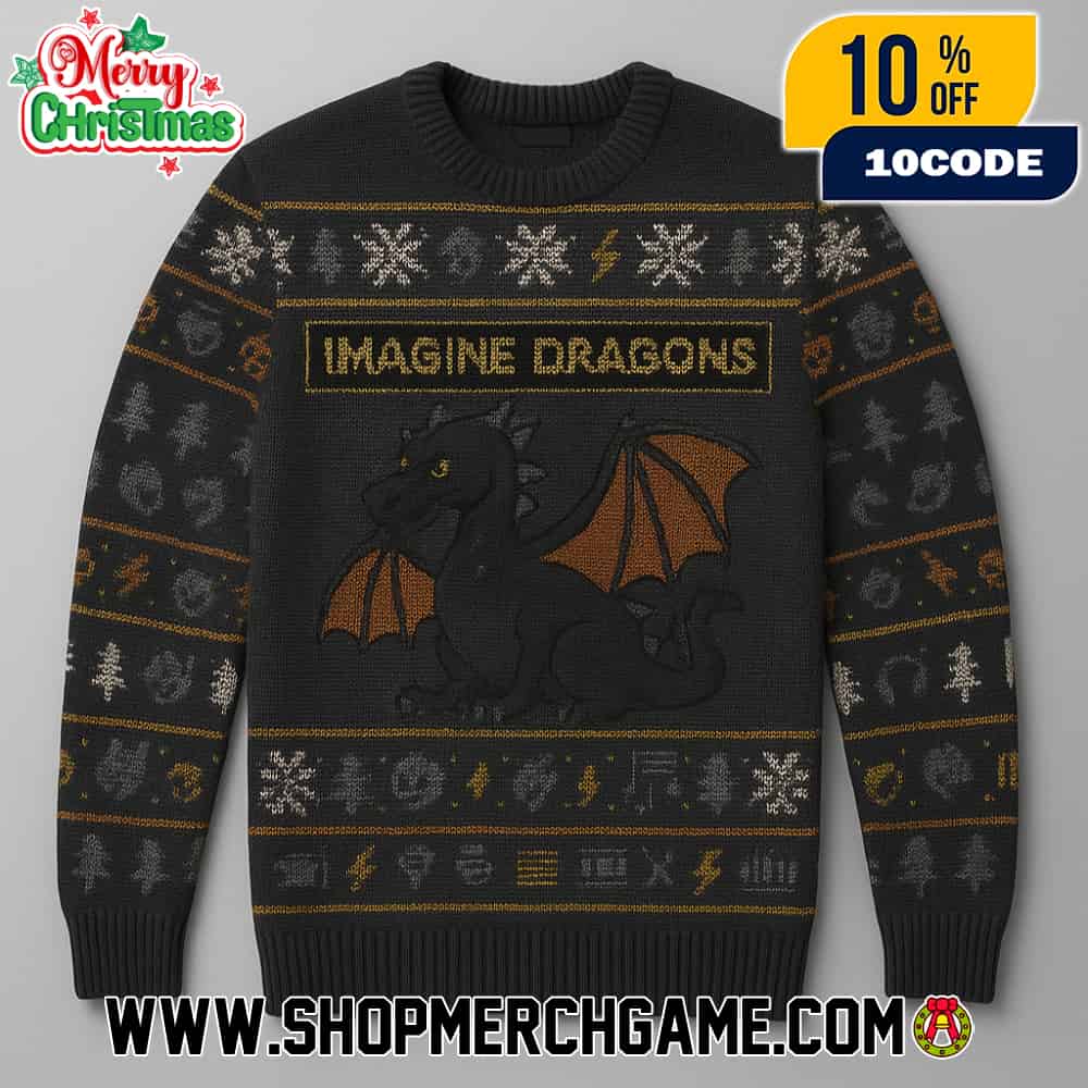 Imagine Dragons Ugly Christmas Sweater Black Holiday Knit Crewneck Winter Pullover Gift For Band Fans Festive Dragon Design Imagine Dragons Ugly Christmas Sweater Black Holiday Knit Crewneck Winter Pullover Gift For Band Fans Festive Dragon Design