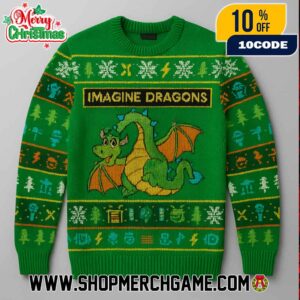 Imagine Dragons Ugly Christmas Sweater Green Holiday Knit Crewneck Winter Pullover Gift For Band Fans Festive Dragon Design