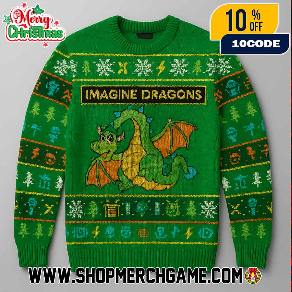 Imagine Dragons Ugly Christmas Sweater Green Holiday Knit Crewneck Winter Pullover Gift For Band Fans Festive Dragon Design Imagine Dragons Ugly Christmas Sweater Green Holiday Knit Crewneck Winter Pullover Gift For Band Fans Festive Dragon Design